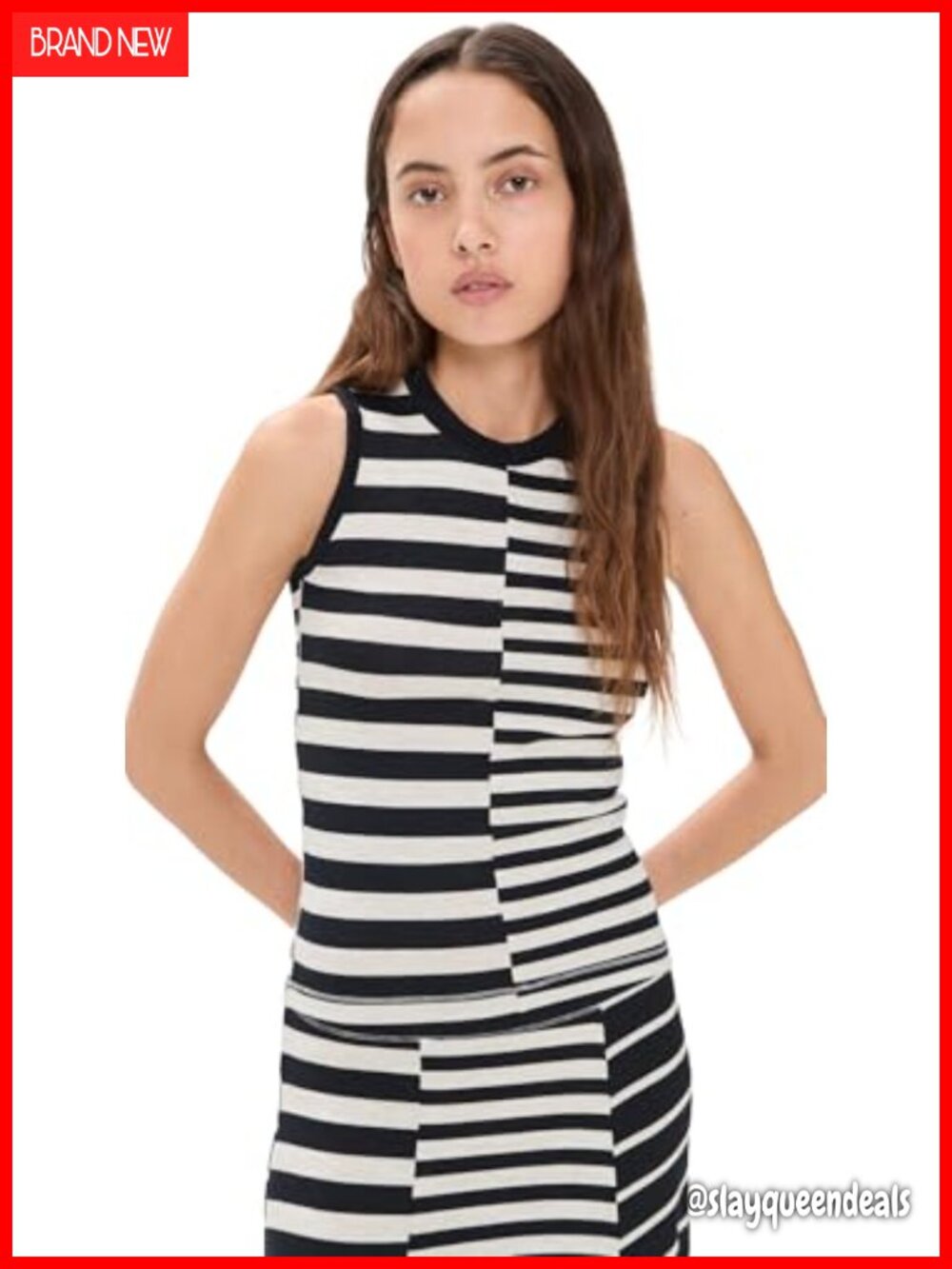 Lightweight Stretch Knit Mixed Stripe Sleeveless Crew Neck Tank